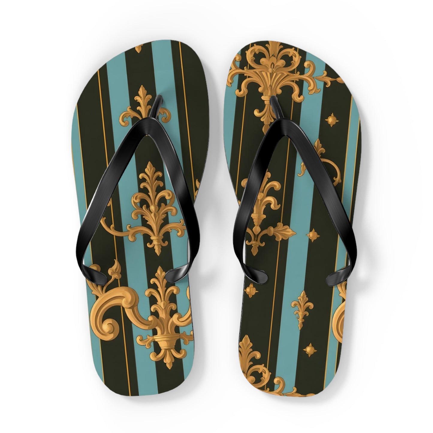 Elegant Striped Flip Flops, Stylish Beach Sandals, Summer Footwear, Vacation Essentials - Black & Turquoise Striped Baroque
