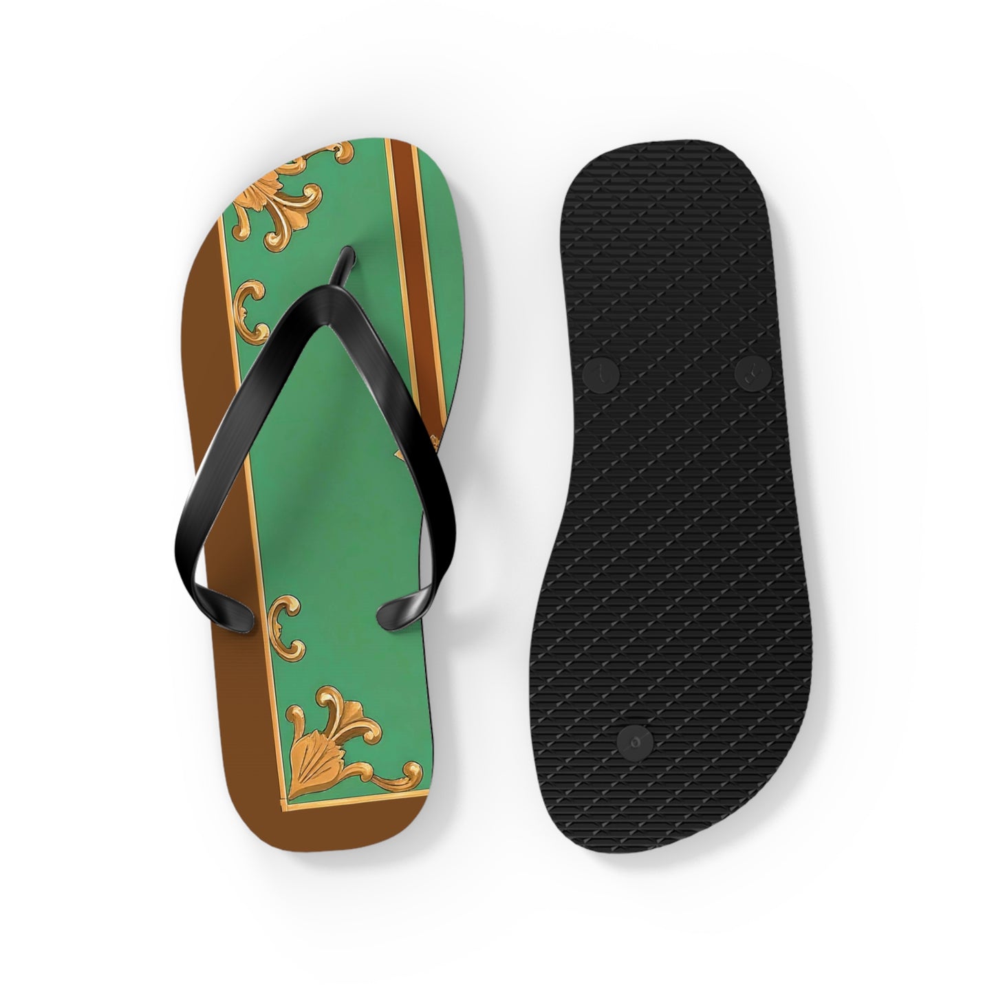 Elegant Floral Flip Flops for Summer Getaways - Rust & Green Striped Baroque