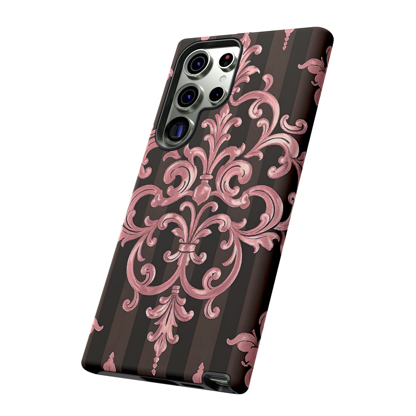 Elegant Floral Motif Phone Case - Tough Cases with Vintage Design - Brown Striped Mauve Damask