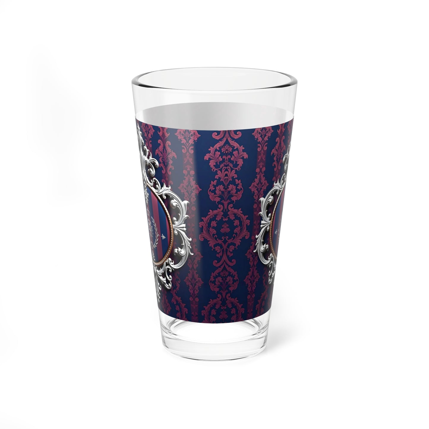 Elegant Mixing Glass, Vintage Inspired Barware, 16oz Cocktail Glass, Perfect for Parties, Home Bars, and Gifts - Blue & Plum Striped Silver Crest