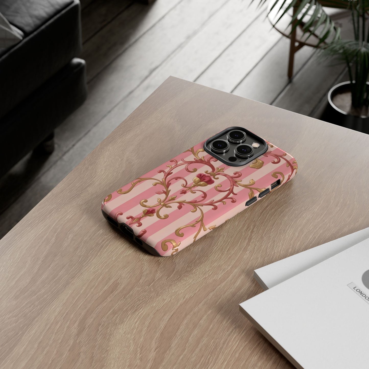 Elegant Floral Motif Phone Case - Tough Cases with Vintage Design - Pink Striped Rose Gold Damask