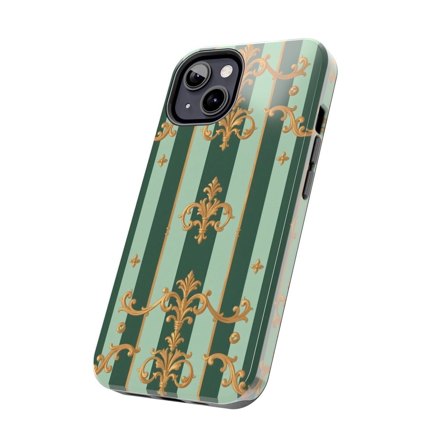 Elegant Floral Tough Phone Cases | Stylish Phone Protection, Gift for Her, Trendy Accessory, Unique Decor - Mint Green & Teal Striped Gold Baroque