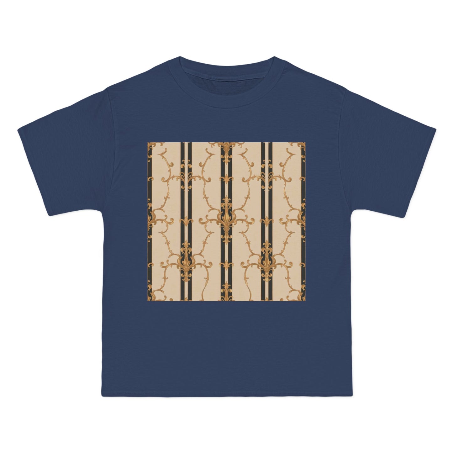 Stylish Graphic Tee for Casual Wear, Fashionable Short-Sleeve Shirt, Unique Summer Top - Black & Beige Striped Damask