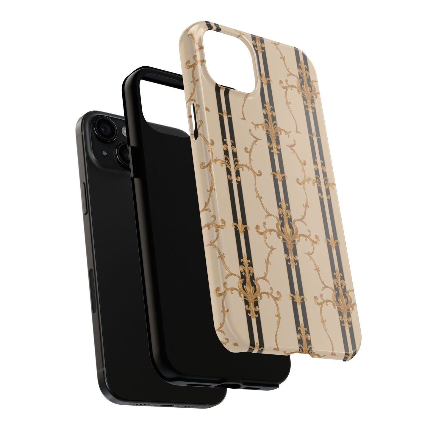 Elegantly Tough Phone Cases | Stylish Phone Covers, Durable Cases, Fashionable Accessories - Black & Beige Striped Damask