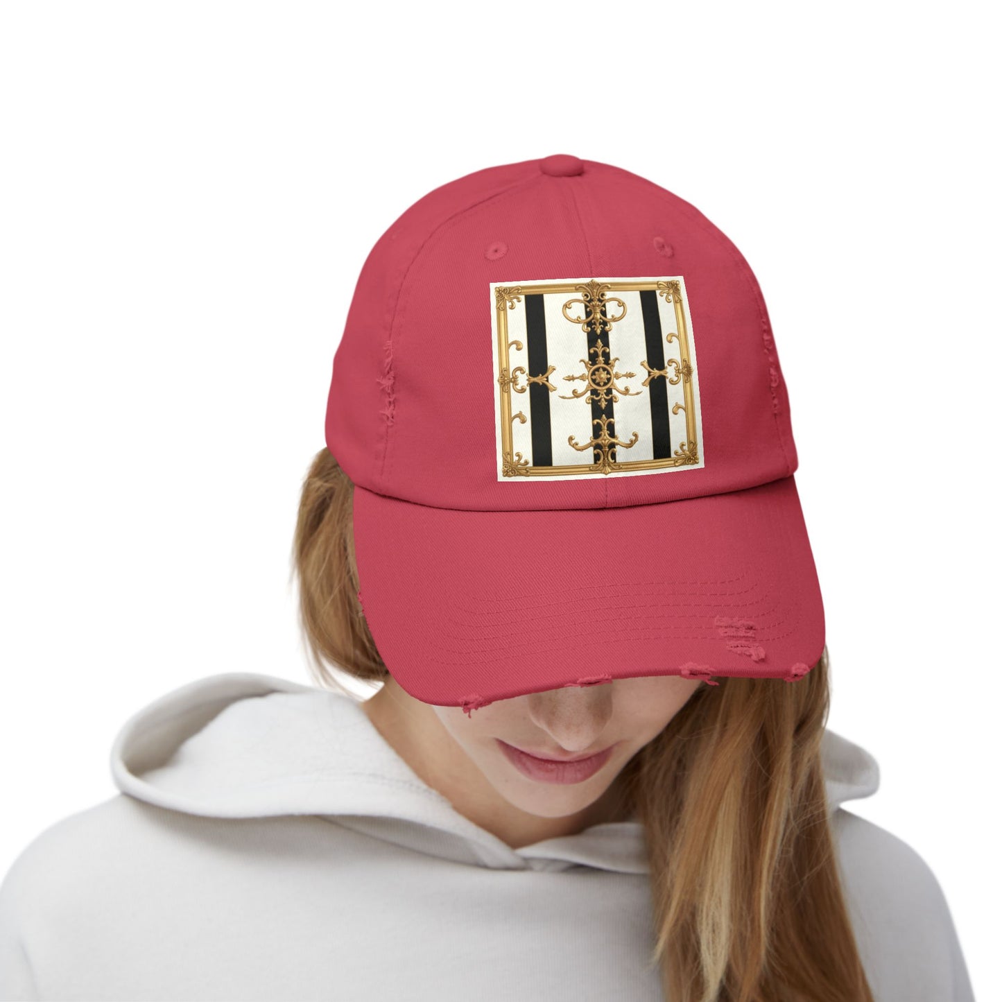 Stylish Distressed Cap with Unique Gold Design, Trendy Hat, Casual Wear, Gift for Him/Her - Black & White Striped Gold Baroque