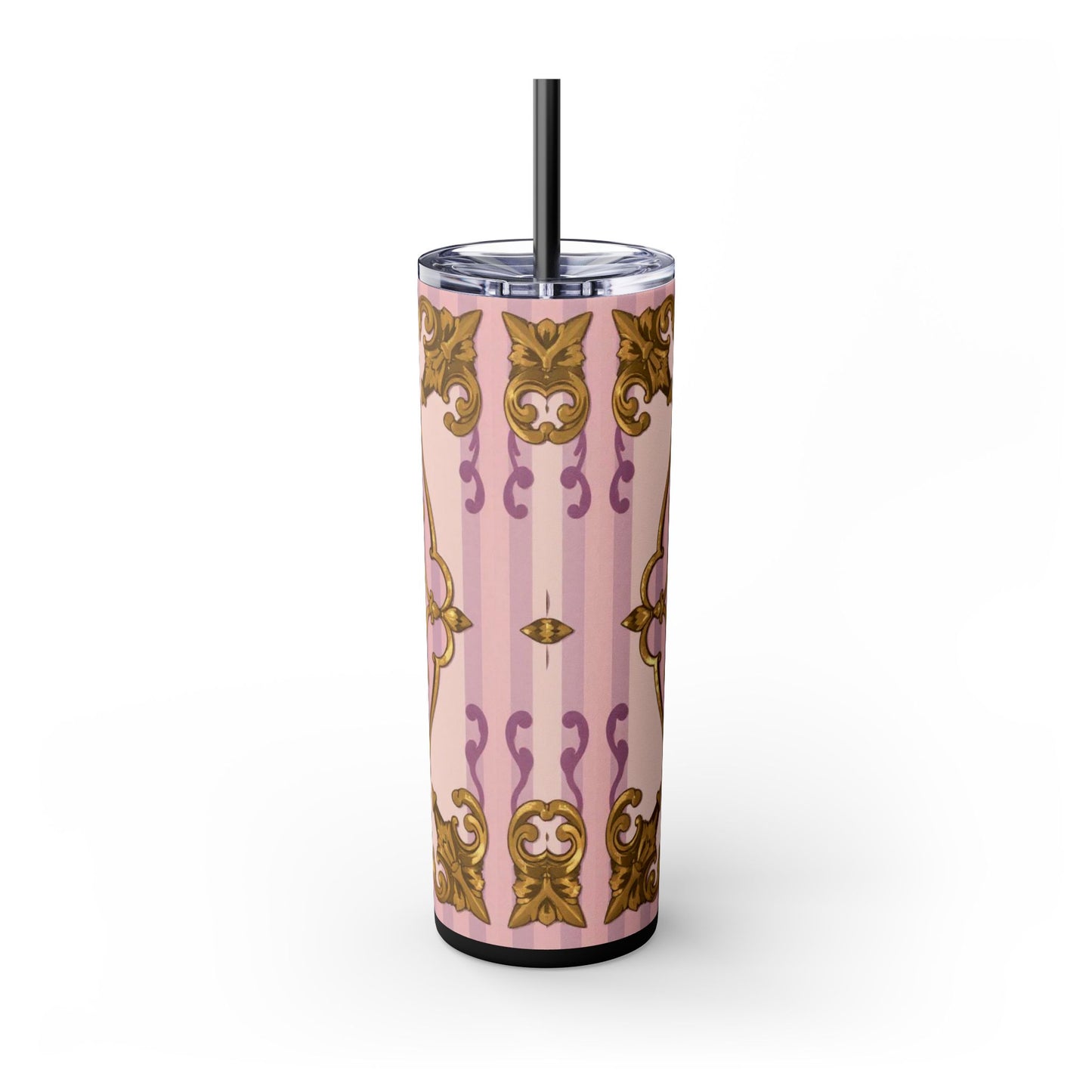 Elegant Lavender & Alabaster Striped Gold Baroque Tumbler - Insulated 20oz Skinny Cup with Straw, Ideal for Gifts, Parties, and Daily Use