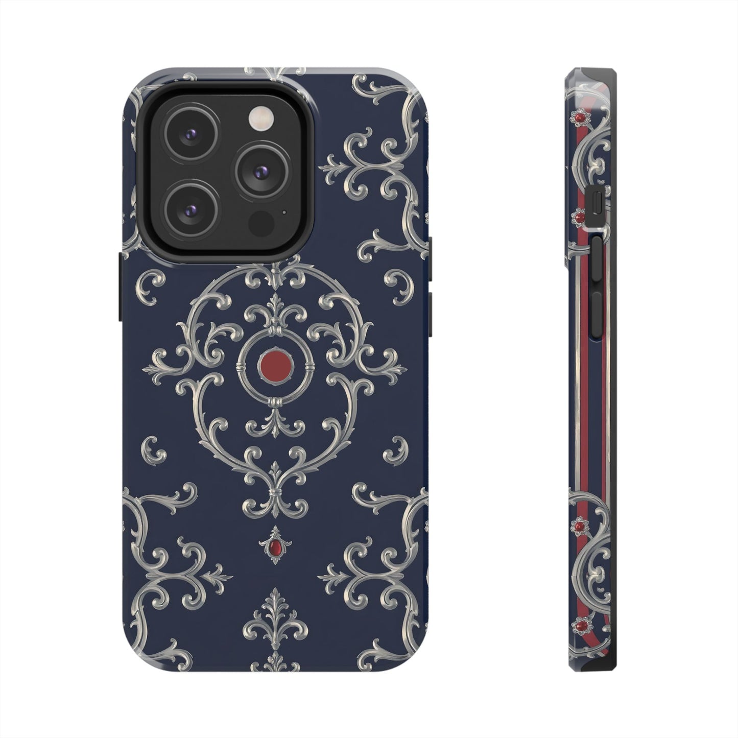Elegant Patterned Tough Phone Cases for Stylish Protection, Gift for Her, Unique Accessories - Blue & Red Striped Silver Baroque
