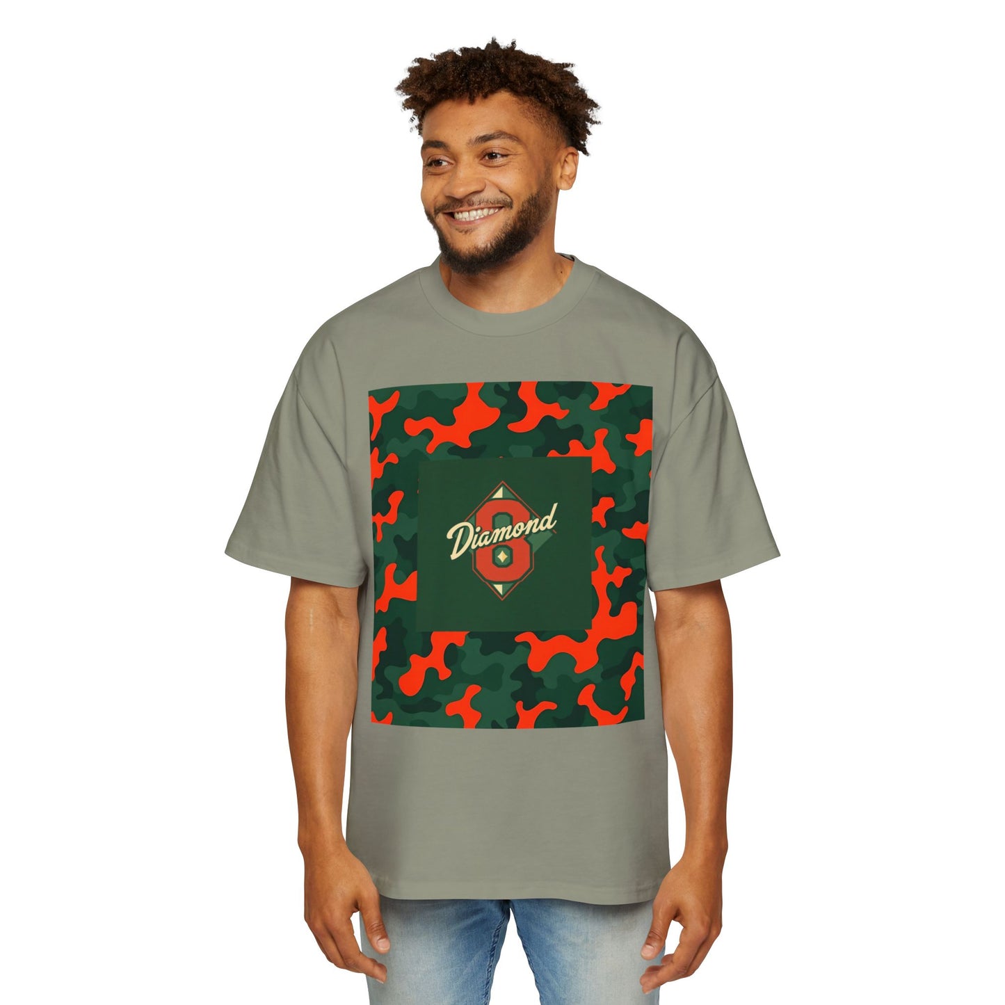 Men's Heavy Oversized Camouflage Tee, Casual Streetwear Shirt, Graphic T-Shirt, Comfortable Everyday Wear, Gift for Him - Green & Orange Camo Diamond 8