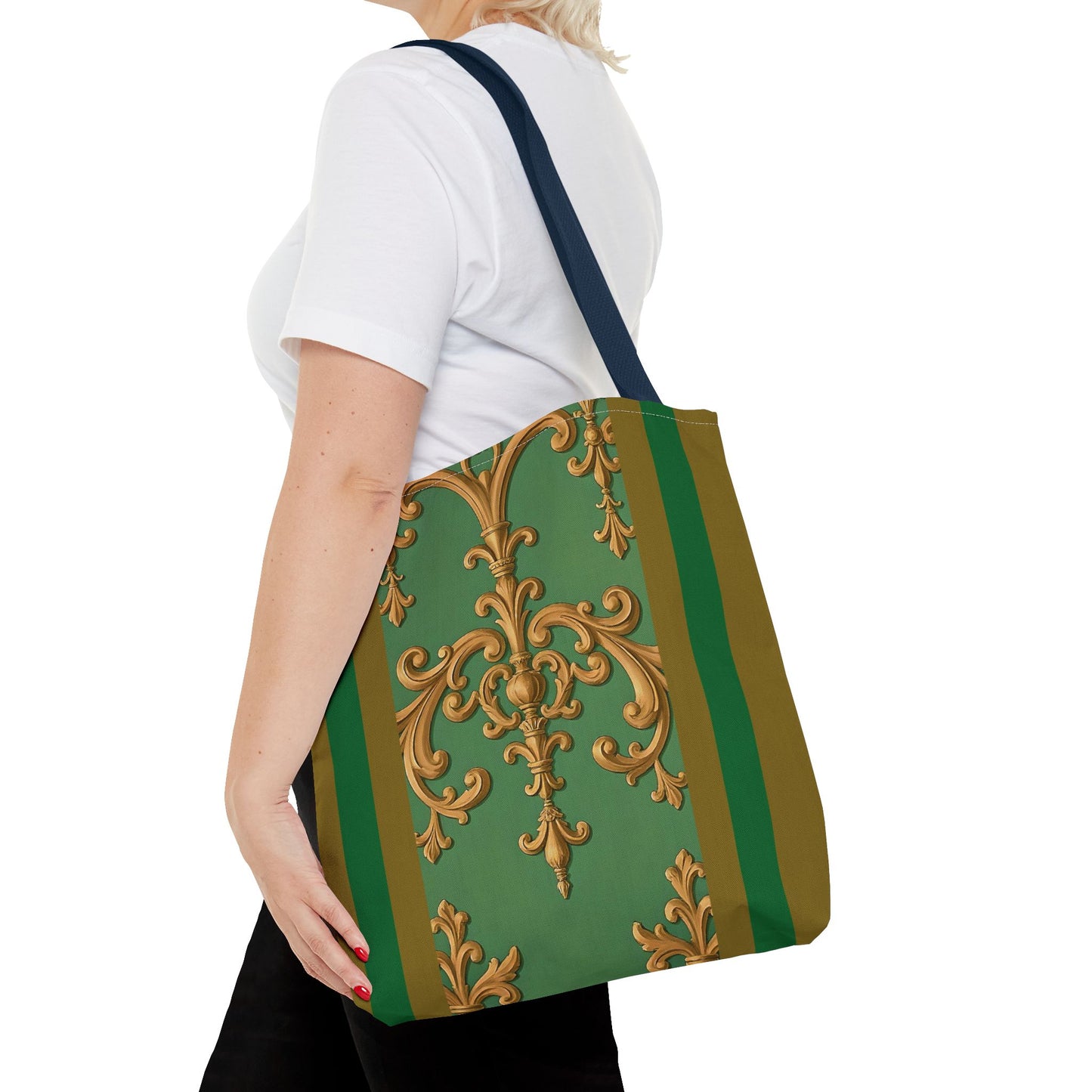 Ornate Floral Tote Bag, Chic Shopping Bag, Fashionable Eco Tote, Stylish Gift for Her, Versatile Everyday Use - Olive Green Striped Rococo