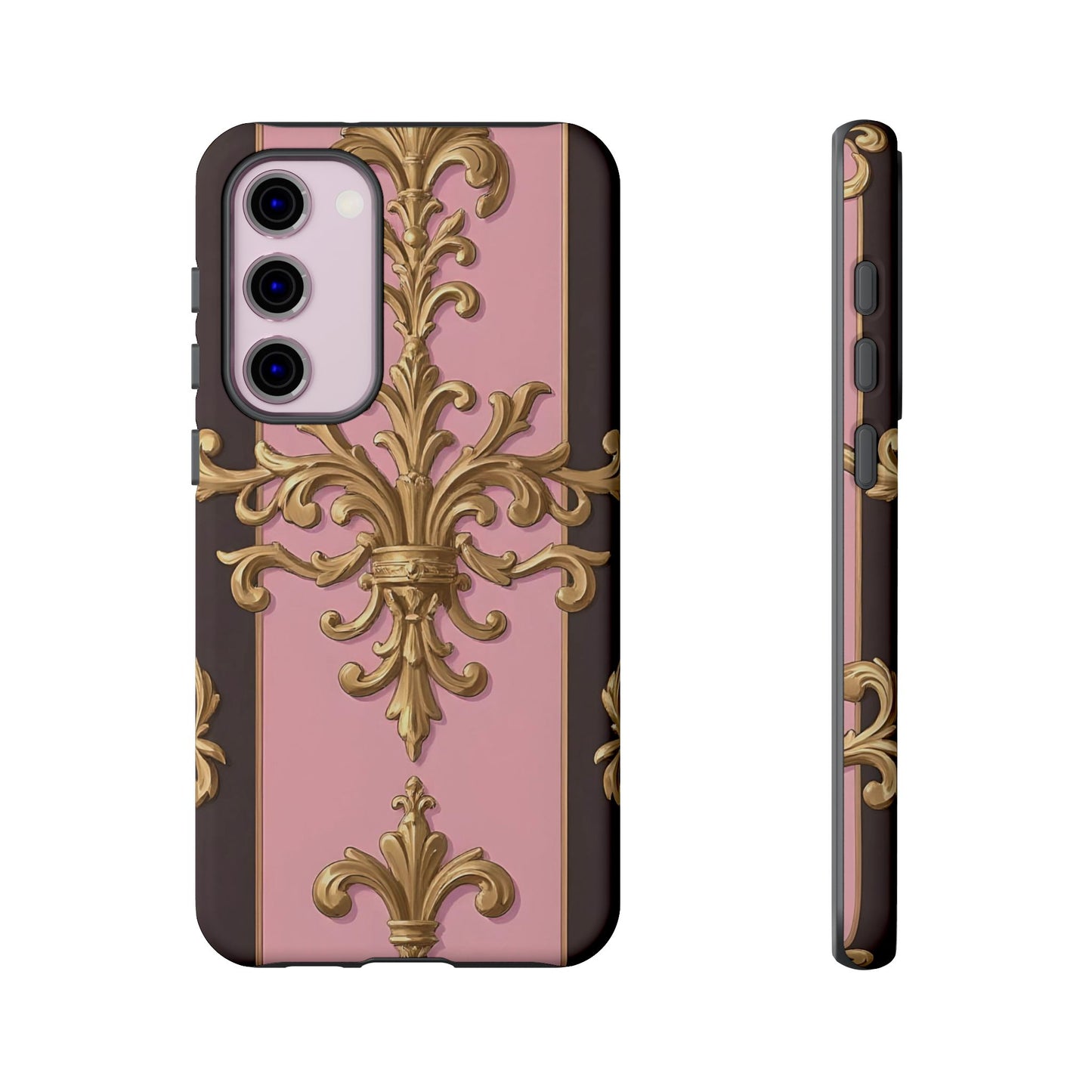 Elegant Floral Motif Phone Case - Tough Cases with Vintage Design - Pink & Brown Striped Gold Damask