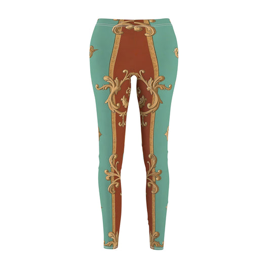 Vintage-Inspired Women’s Cut & Sew Casual Leggings | Elegant Floral Design - Rust & Mint Aqua Striped Baroque