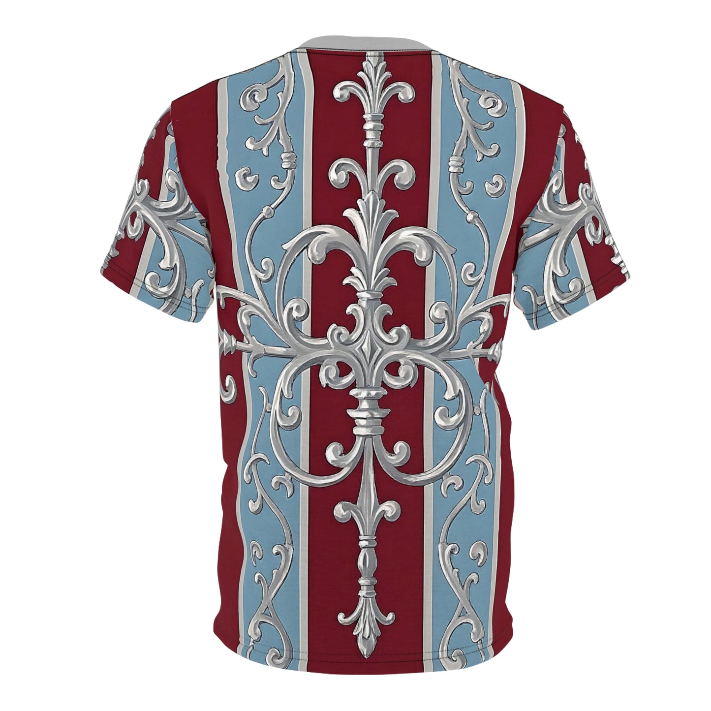 Regal Pattern Unisex Cut & Sew Tee - Elegant Floral Design Shirt for Fashion Lovers - Ice Blue & Burgundy Striped Baroque