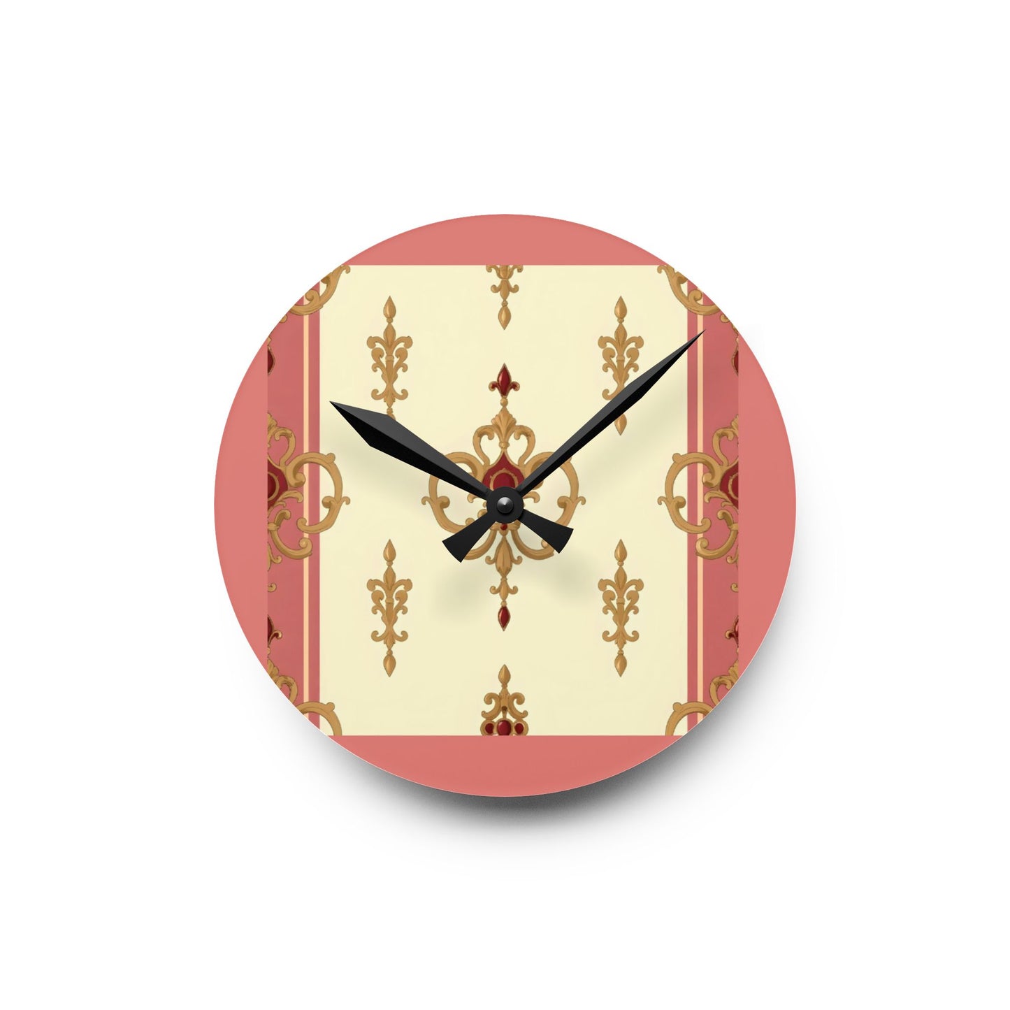 Bohemian Damask-Inspired Acrylic Wall Clock with Floral Design -  Mauve & Gold Design