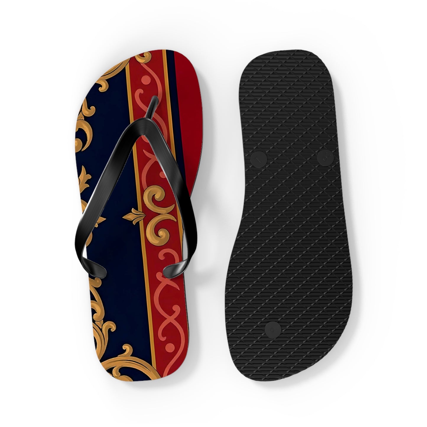 Elegant Vintage Flip Flops, Stylish Summer Footwear, Beachwear Accessories, Vacation Essentials - Midnight Blue & Dusk Red Gold Baroque