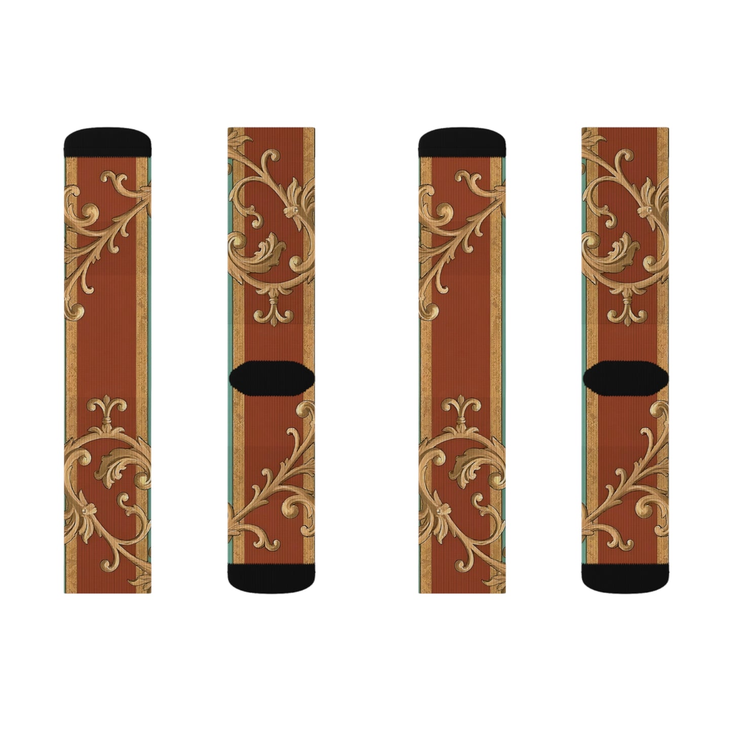 Elegant Sublimation Socks | Stylish Accessories, Gift for Him or Her, Cozy Winter Footwear - Rust & Mint Aqua Striped Baroque