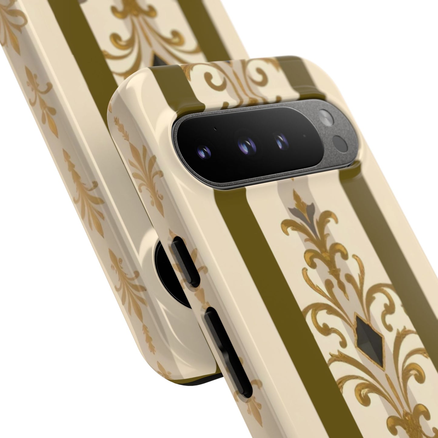 Elegant Floral Motif Phone Case - Tough Cases with Vintage Design - Olive Striped Gold Damask