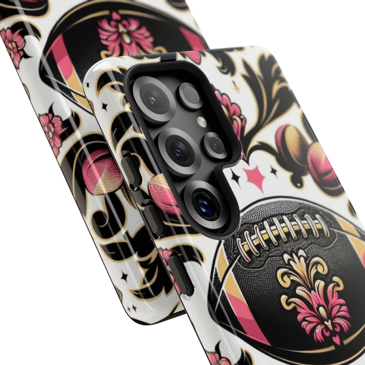 Elegant Floral Motif Phone Case - Tough Cases with Vintage Design - Damask White, Pink Gold & Black Football