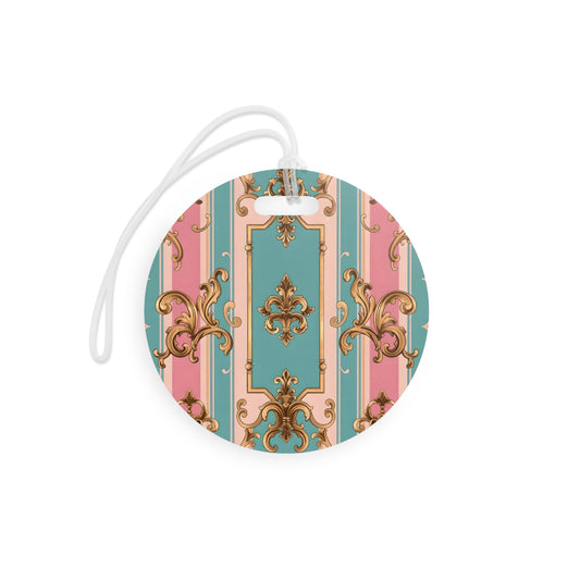 Chic Travel Luggage Tags - Elegant Pastel Design, Personalized Travel Accessories, Vacation Gift - Pink & Matte Turquoise Striped Rococo