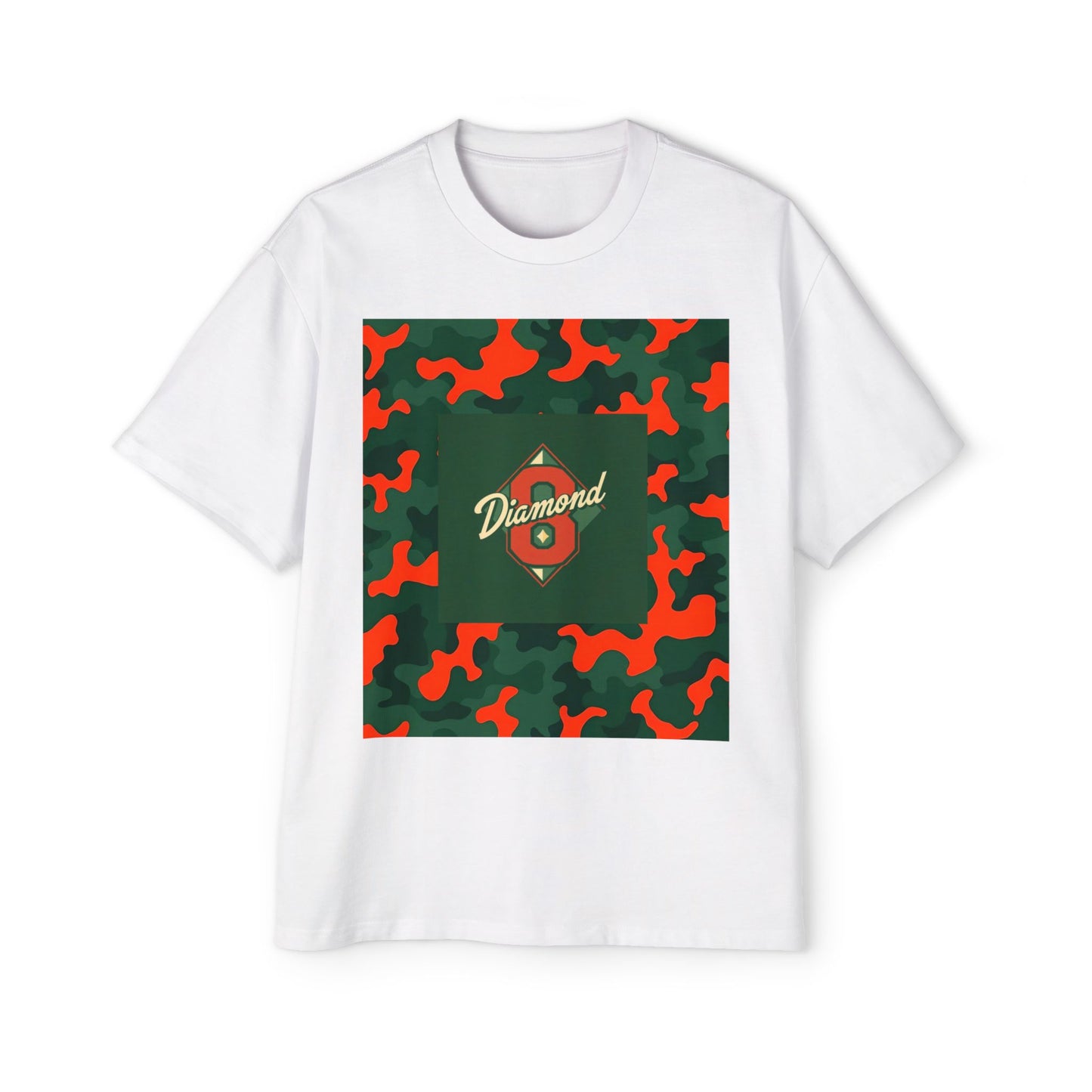 Men's Heavy Oversized Camouflage Tee, Casual Streetwear Shirt, Graphic T-Shirt, Comfortable Everyday Wear, Gift for Him - Green & Orange Camo Diamond 8