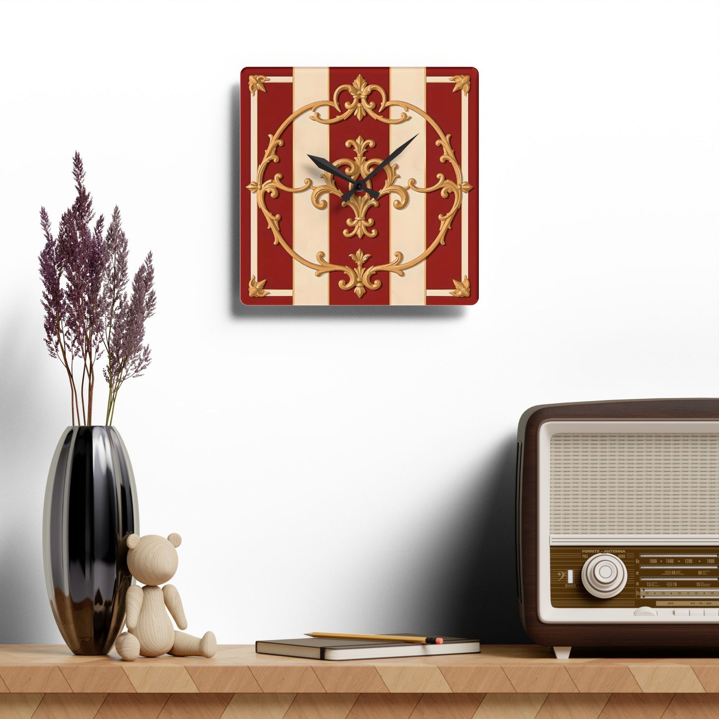 Vintage-Inspired Acrylic Wall Clock with Elegant Design - Alabaster & Dusk Orange Striped Baroque