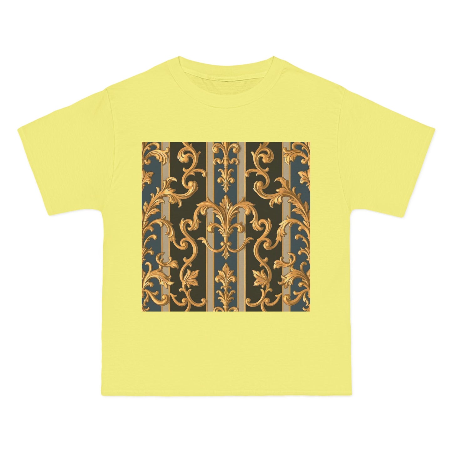 Ornate Gold Pattern Short-Sleeve T-Shirt, Stylish Casual Wear, Unique Graphic Tee - Blue & Black Striped Rococo