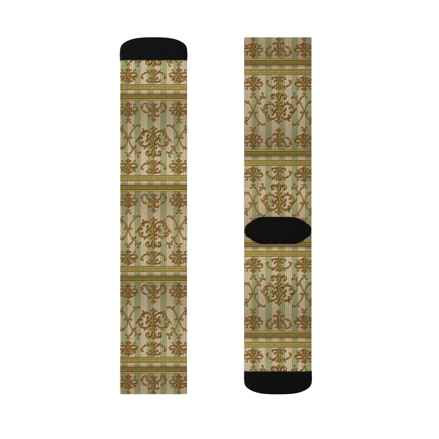 Elegant Vintage Pattern Sublimation Socks | Unisex | Perfect for Holidays, Birthdays, and Everyday Wear - Mint & Beige Striped Gold Baroque