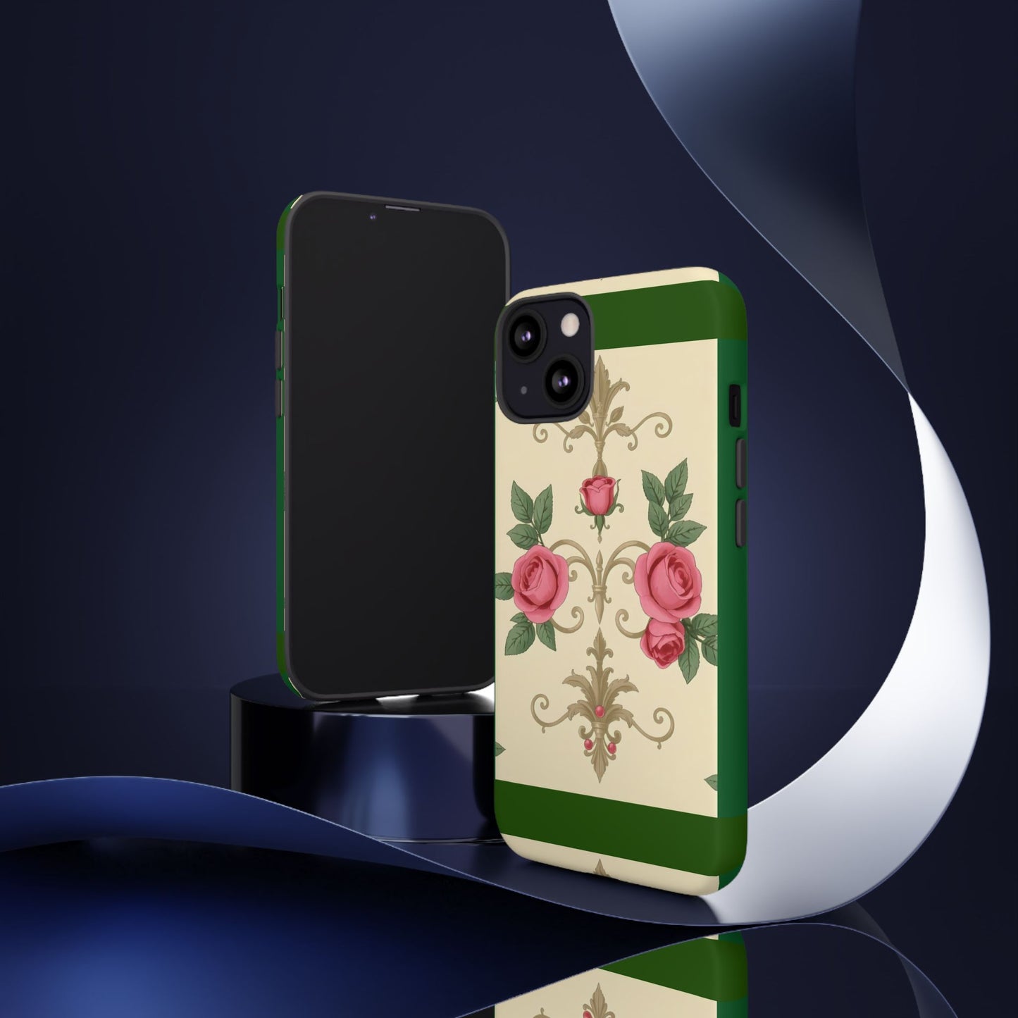 Elegant Floral Motif Phone Case - Tough Cases with Vintage Design - Green Border Roses & Damask