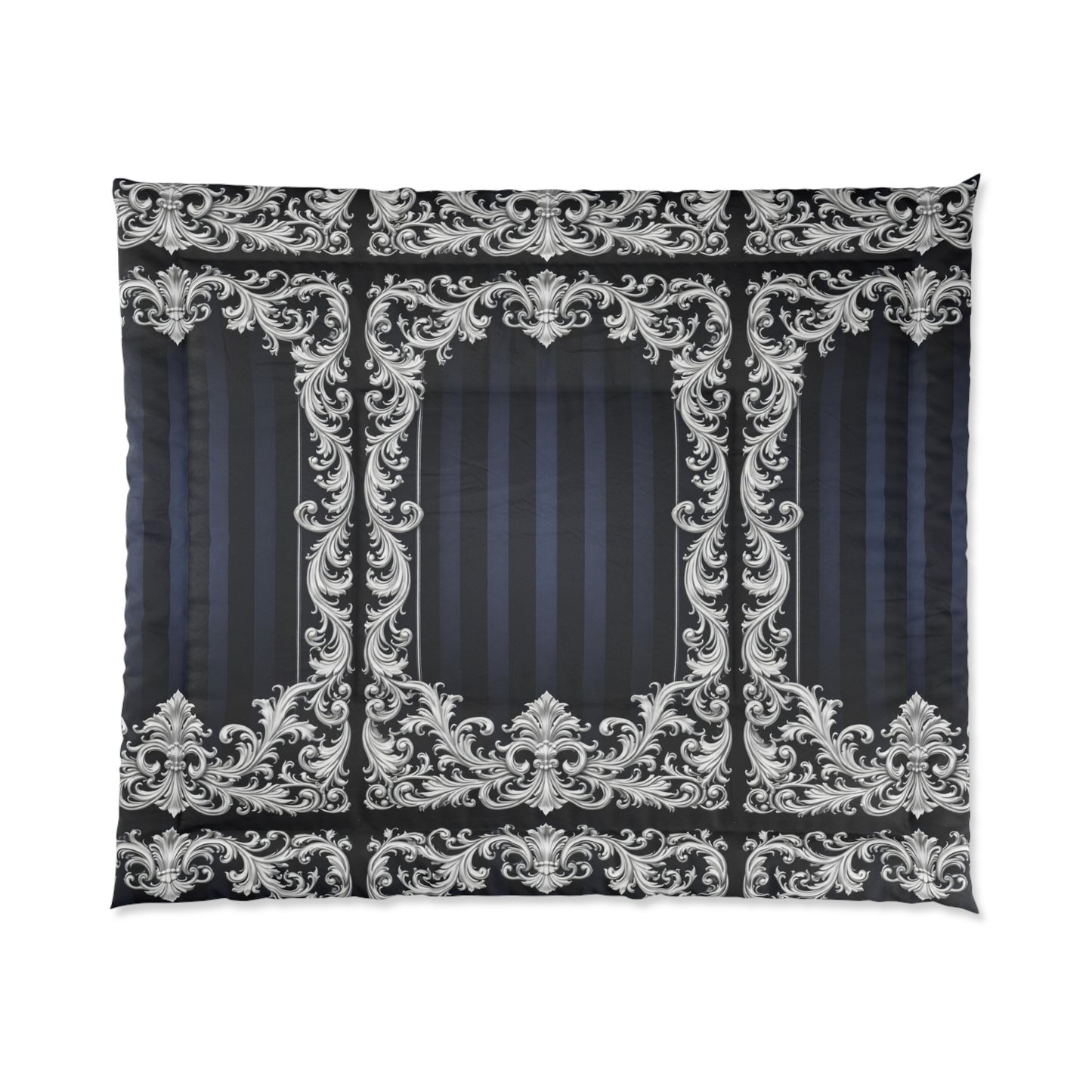 Navy Stripes & Baroque Comforter — Navy & Silver Baroque Bedroom Bedding