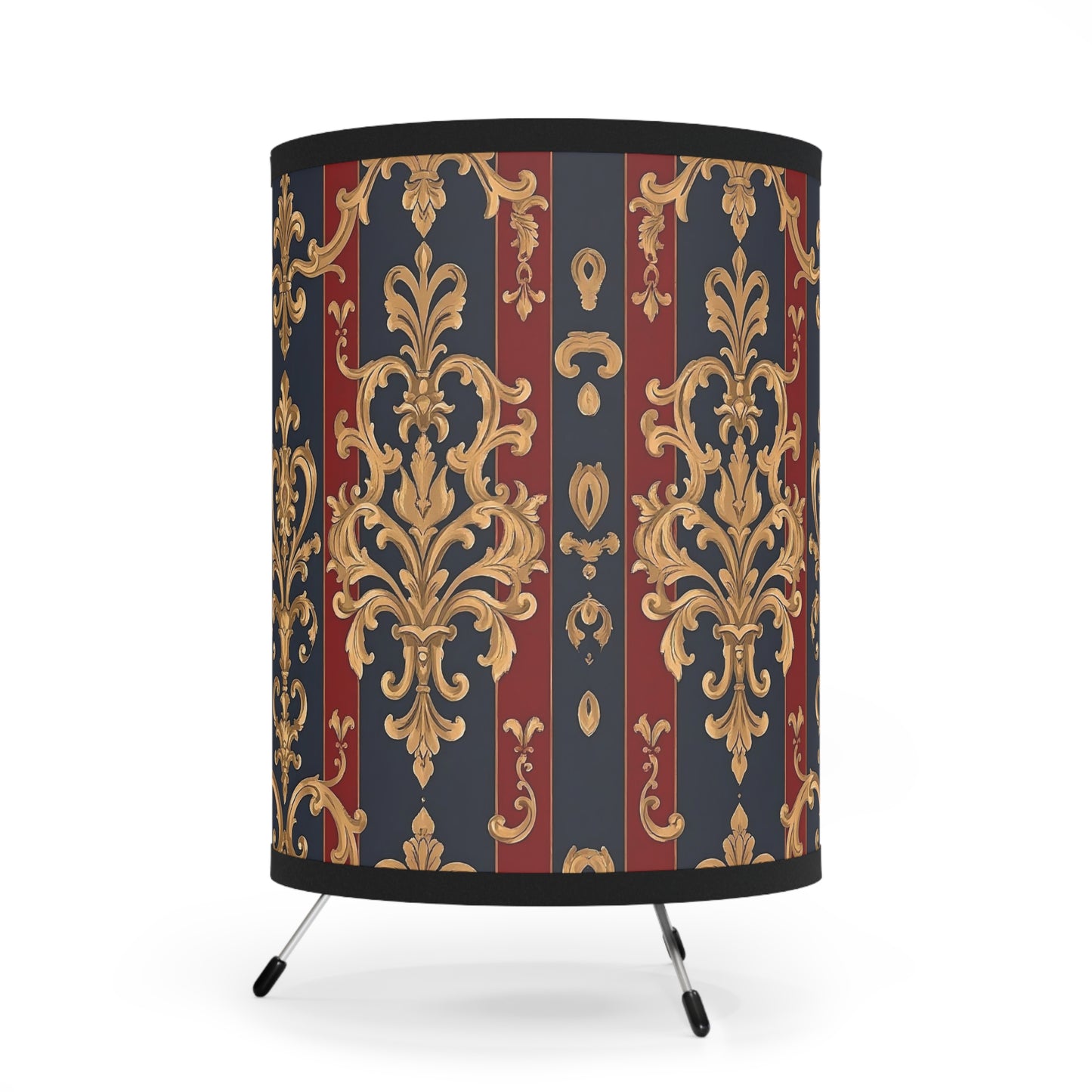 Elegant Tripod Lamp with Vintage Floral Print Shade - High-Res Home Accent - Midnight Blue & Dusk Red Damask