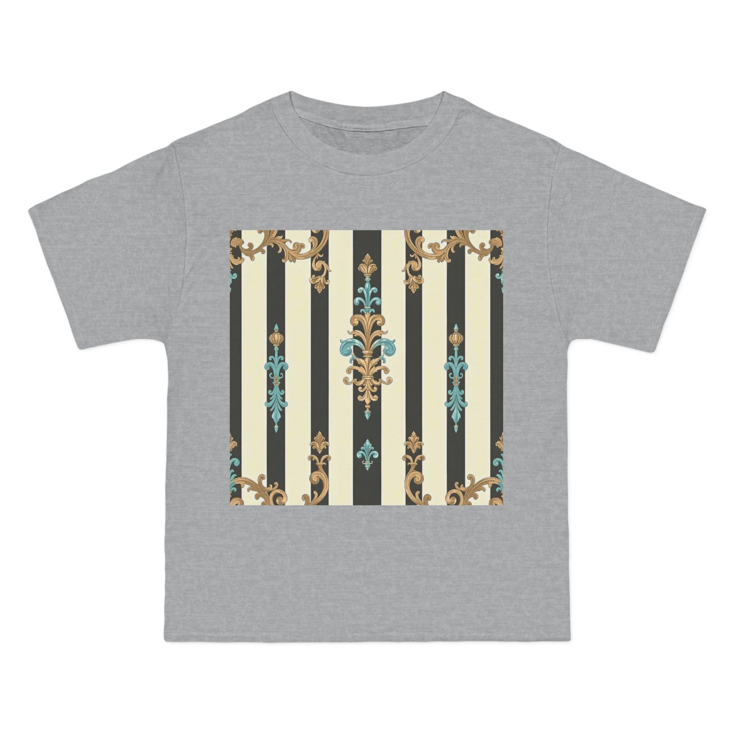 Elegant Floral Pattern Tee, Vintage Style T-Shirt, Gift for Her, Casual Outfit - Black Striped Turquoise & Black Rococo