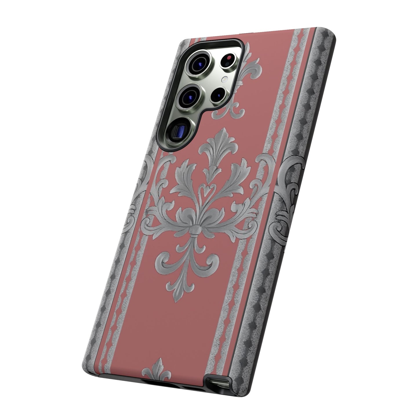 Elegant Floral Phone Case - Tough Cases for Stylish Protection - Gray & Mauve Striped Baroque
