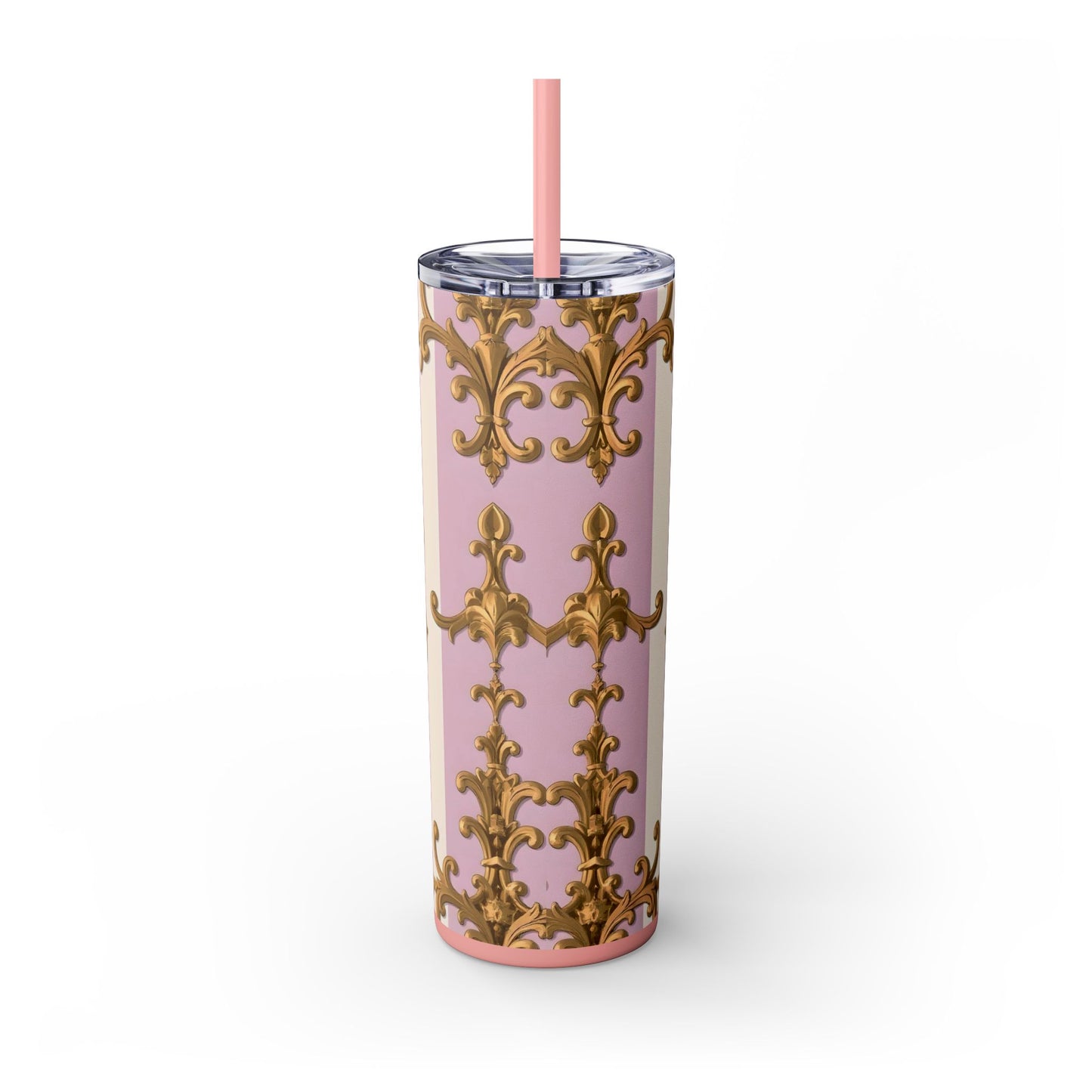 Elegant Pink Tumbler, Gold Patterned Travel Cup, Insulated Drink Holder, Stylish Coffee Tumbler - Lilac & Alabaster Striped Gold Baroque