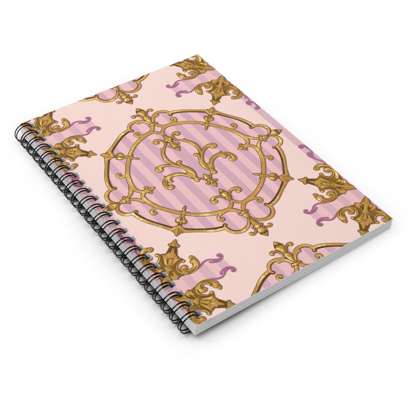 Elegant Lavender & Alabaster Striped Gold Baroque Spiral Notebook - Ruled Lines, Luxury Journal, Decorative Note Book, Academic Planner