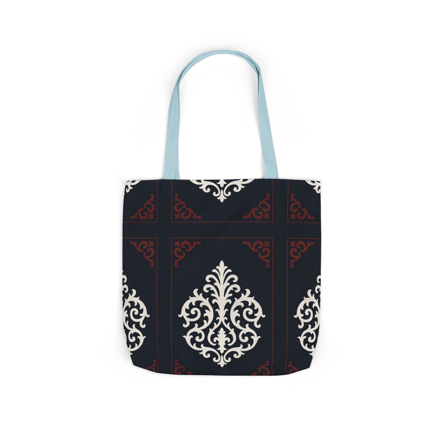 Dusk Blue-Maroon & White Baroque Pattern Canvas Tote Bag — Elegant Dusk Blue & White Reusable Market Bag