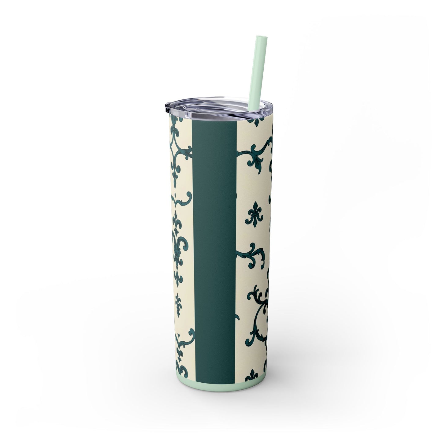 Elegant Floral Skinny Tumbler, 20oz - Stylish Travel Mug for Home, Coffee Lover Gift, Eco-Friendly Drinkware, Party Favor - Teal Striped Rococo