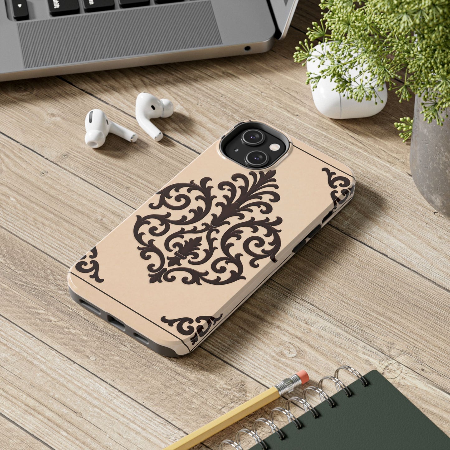 Almond-Beige & Brown Baroque Tough Phone Case — Elegant Beige & Brown Protective Cover