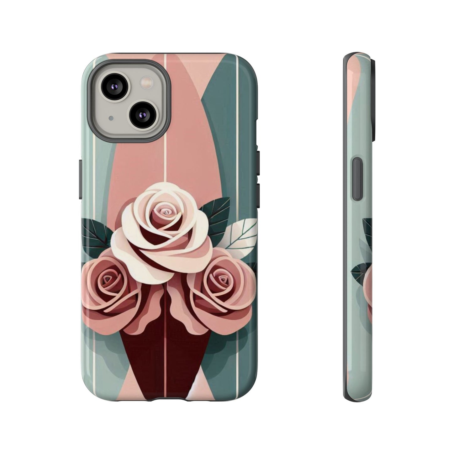 Phone Case - Burgundy, Matte Mauve & Teal Surfboard & Roses Design