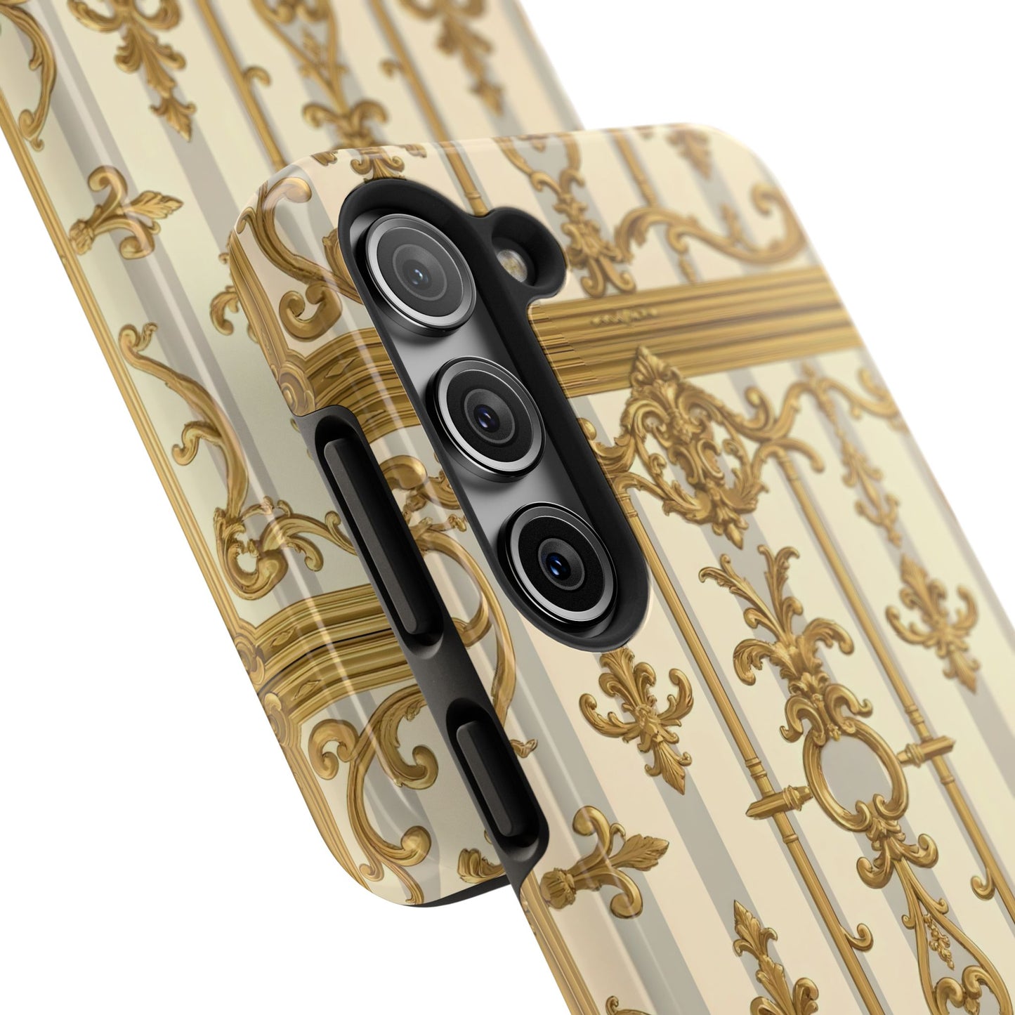 Elegant Gold Pattern Tough Phone Cases | Stylish Phone Covers, Trendy Cell Phone Accessories - Matte Gray & Cream Striped Gold Baroque