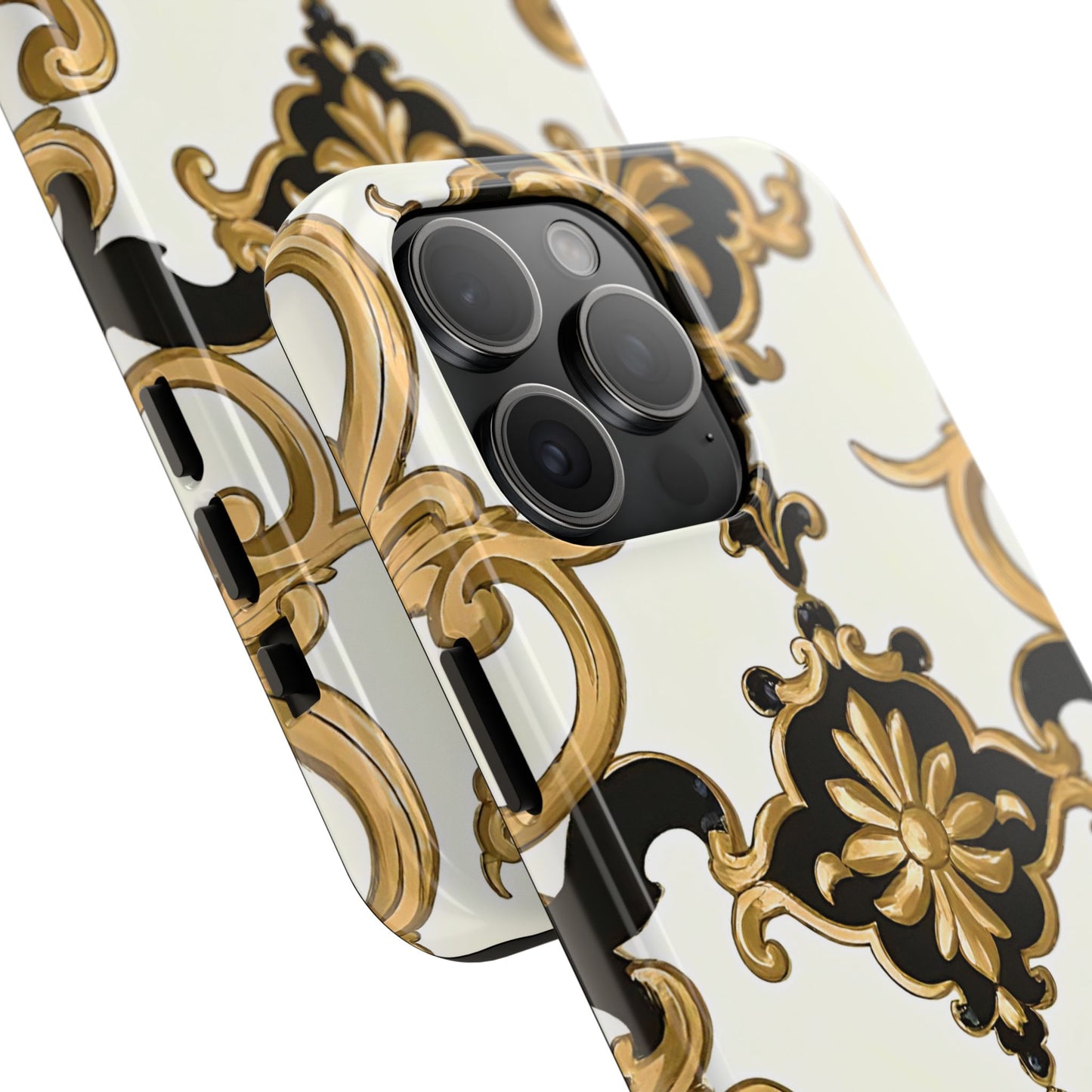 Elegant Floral Tough Phone Cases, Durable Phone Cover, Stylish Phone Accessories, Gift for Her, Chic Phone Cases - Black & Gold Rococo