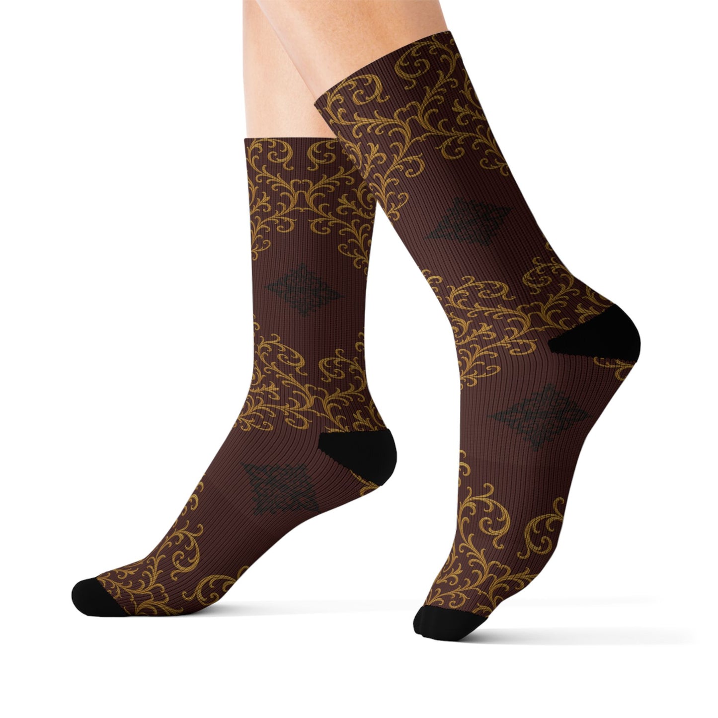 Dusk Burgundy-Black & Gold Baroque Sublimation Socks — Vintage Baroque Patterned Crew Socks