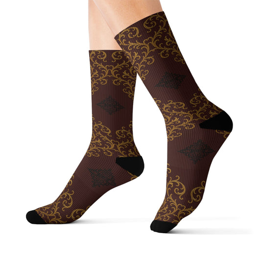 Dusk Burgundy-Black & Gold Baroque Sublimation Socks — Vintage Baroque Patterned Crew Socks