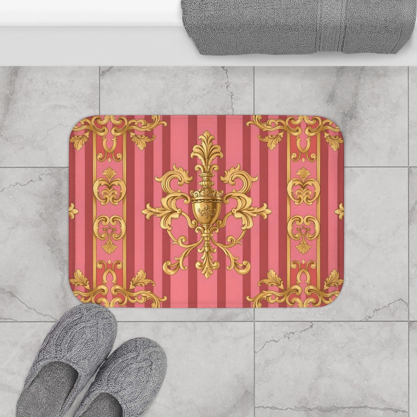 Elegant Pink Gold Bath Mat for Luxurious Home Decor, Bathroom Accessory, Gift for Her, Chic Home Design - Pink Striped Gold Baroque