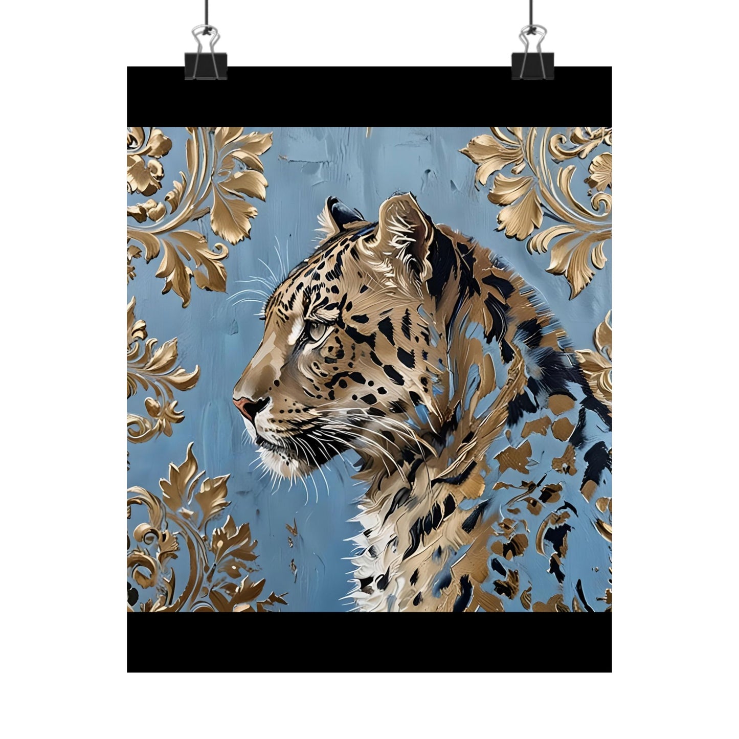 Floral Motif Art Poster - Elegant Matte Vertical Wall Decor - Leopard In Blue & Gold Damask