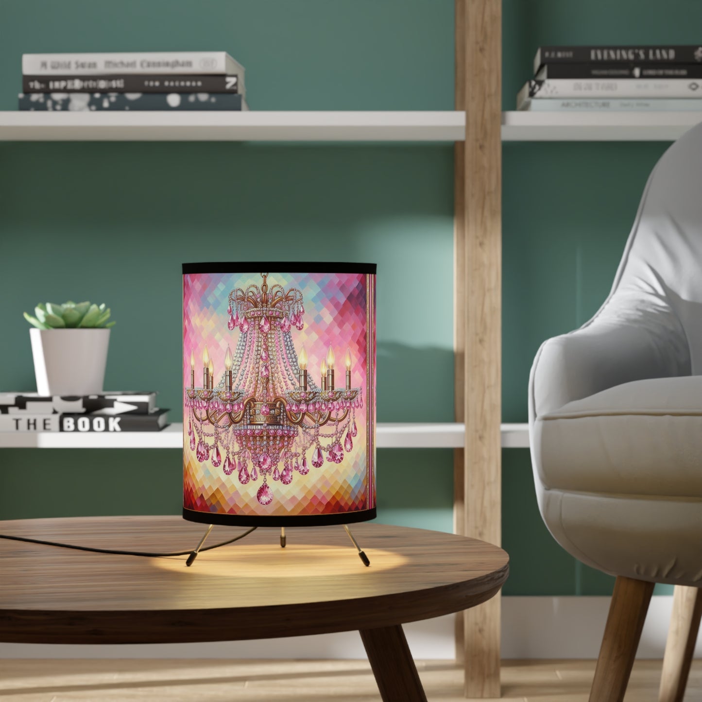 Chic Tripod Lamp with Elegant Chandelier Print, Glam Home Decor, Unique Lighting, Stylish Accent, Bedroom or Living Room - Pink Jeweled Chandelier