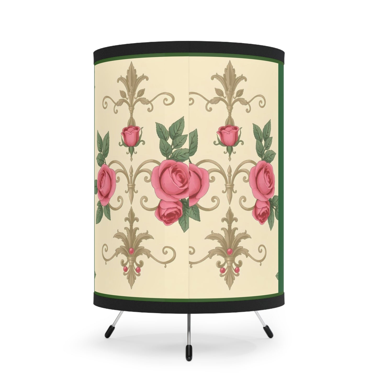 Elegant Tripod Lamp with Vintage Floral Print Shade - High-Res Home Accent - Green Border Roses & Damask