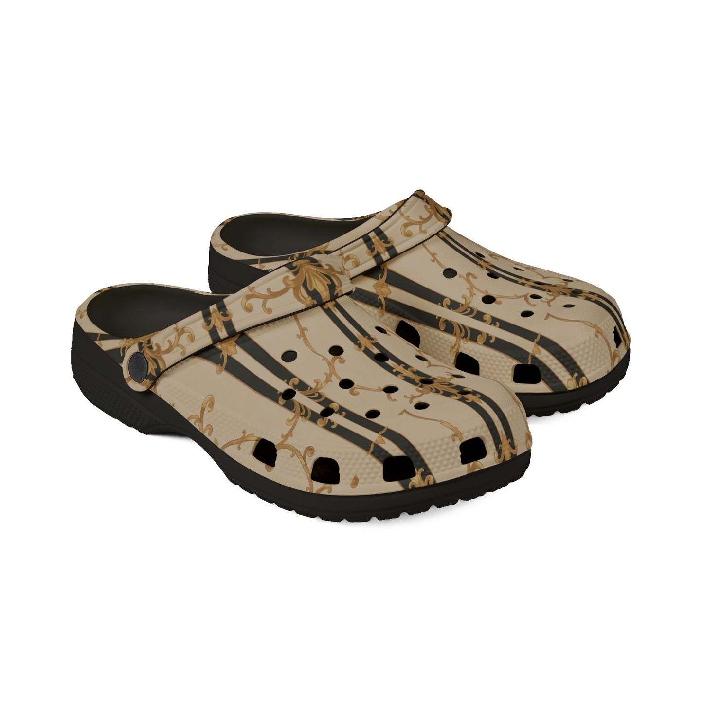 Stylish EVA Foam Clogs - Trendy Comfort for Home & Garden, Fashionable Slides, Casual Footwear - Black & Beige Striped Damask