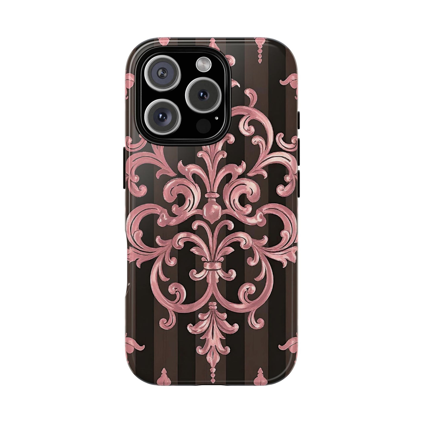 Elegant Floral Motif Phone Case - Tough Cases with Vintage Design - Brown Striped Mauve Damask