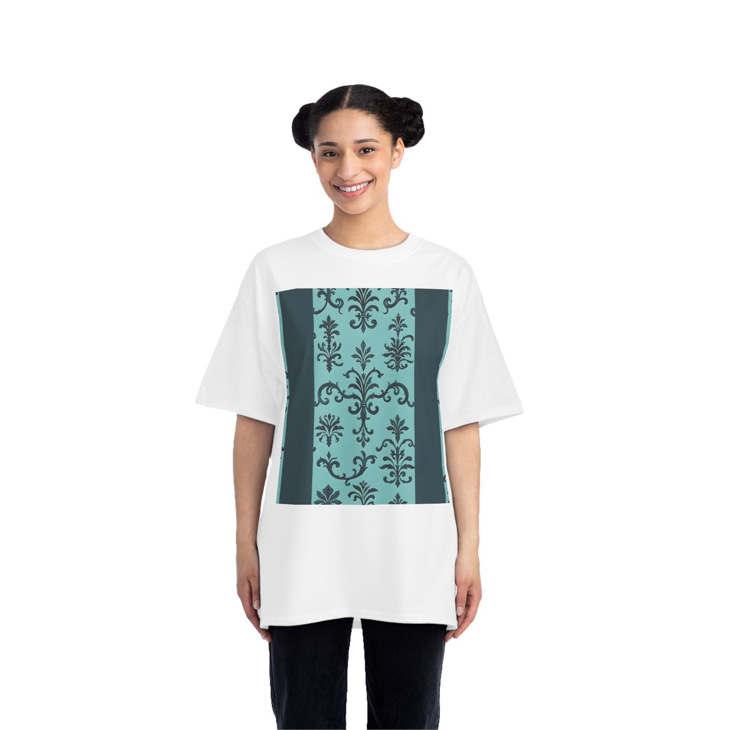 Elegant Floral T-Shirt - Vintage Design, Casual Wear, Gift for Her, Summer Fashion, Stylish Tee - Teal Striped Rococo