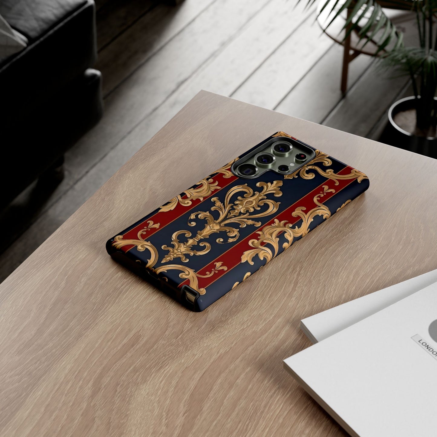 Elegant Floral Motif Phone Case - Tough Cases with Vintage Design - Midnight Blue & Dusk Red Striped Gold Damask