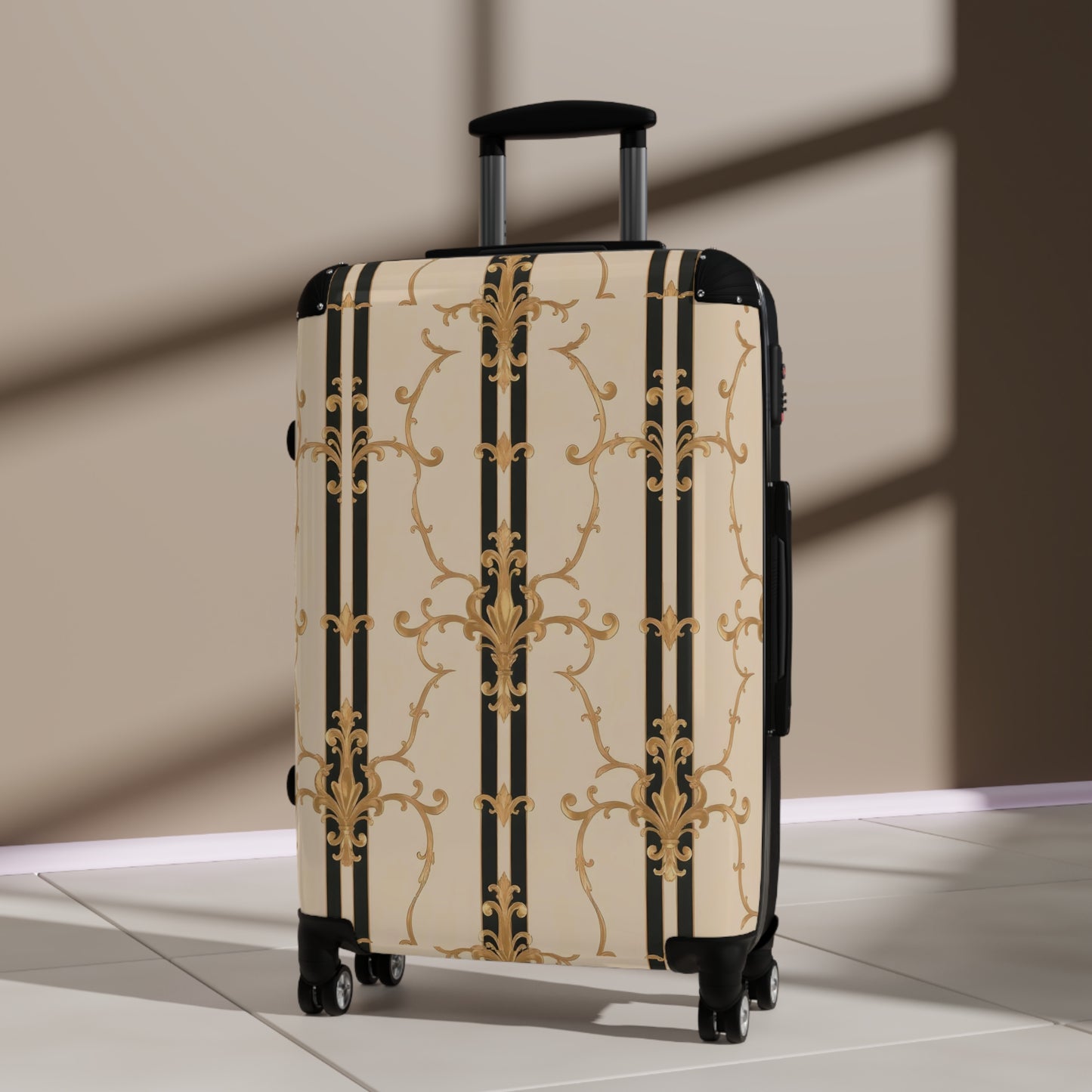 Elegant Travel Suitcase - Stylish Luggage for Adventurers, Travel Enthusiasts, Fashion Design Lovers - Black & Beige Striped Damask